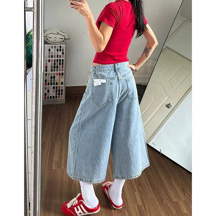 Women's Pants Baggy Cropped Denim Jeans Vintage Star Patch Loose Fit High Rise Casual Summer Style