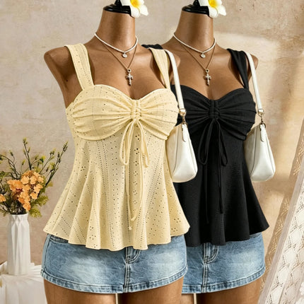 Women Sweetheart Neck Drawstring Ruched Peplum Cami Top Polka Dot Print Sleeveless Casual Camisole Outfit