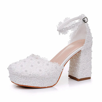 9cm Plus Size Shoes for Women 34-42 Autumn Fashion Women High Heels Pumps Round Toe Party Evening Wedding Lace Platform Shoes