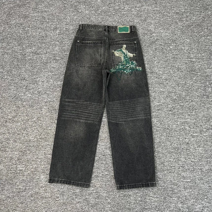 Real Photos Derschutze Jeans High Quality Pattern Embroidery Denim Trousers Retro Grey Street Men Women Pants
