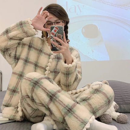 2025 New Flannel Plaid Sleepwear Women Winter Ruffles Pajama Pants Warm 2 Pieces Fluffy Button Night Wears  Set Home Wear
