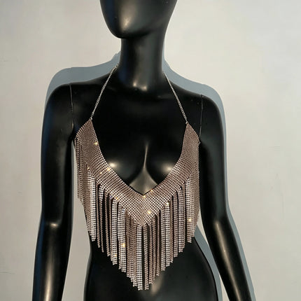 Bling Rhinestones Tassel Party Crop Top Woman Fashion Halter Neck Backless Design Full Diamond Sequins Nightclub Clubwear
