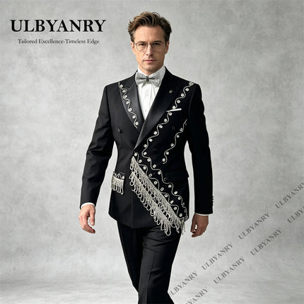 ULBYANRY Men's 2pc Formal Suit Set for Formal Events, Wedding Grooms Suit Double Breasted Jacket with Crystals Tassels Prom Suit