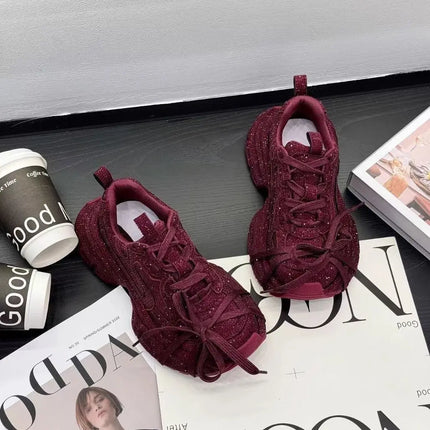 Women's 2025 Spring Autumn New Full Rhinestone Dad Sneakers Thick Sole Fashion Casual Sports Shoes