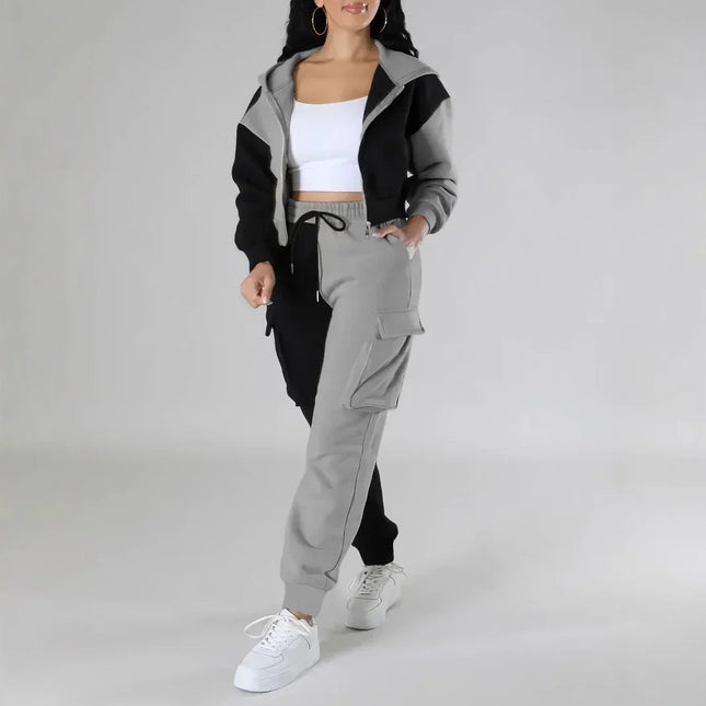 Damen lockerer Herbst Winter Zweiteiler Anzug Passende Sets Hoodie Trainingsanzug Gestreifte Reißverschluss Kurze Oberbekleidung Kordelzug Cargo-Hose