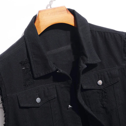 Men's Black Denim Vest Holes Ripped Cotton Waistcoat Fringe Sleeveless Lapel Collar Coat Top Outerwear