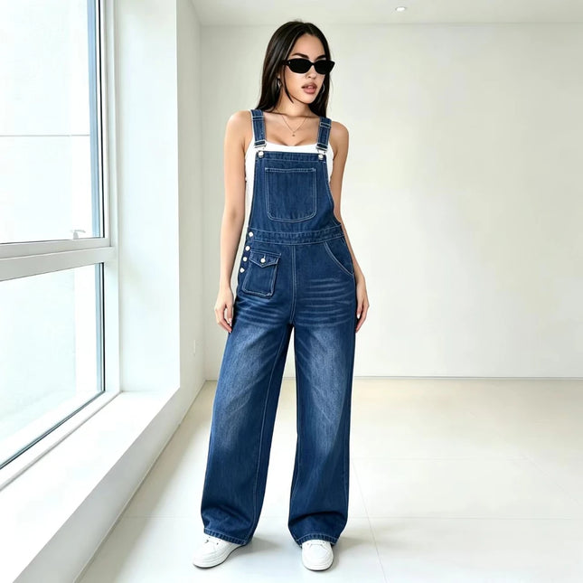 Womens Wide Leg Denim Overalls Loose Washed Straight Cargo Overalls Adjustable Straps Multi Pocket Jeans
