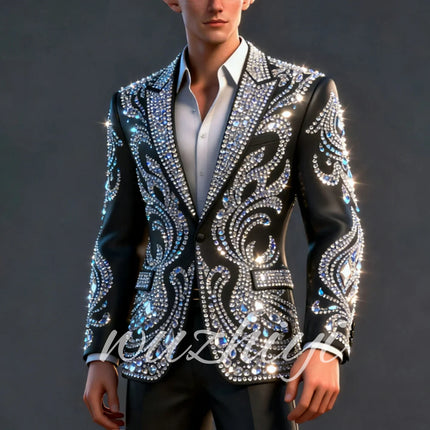 Luxury Black Beading Rhinestone Men's Suits for Wedding 2 Piece Sets Single Breasted Fashion Groom Party Prom Tuxedo Customized