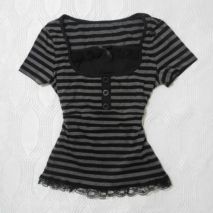 Gothic Harajuku Y2K Women's Crop Top Casual Slim Fit Striped Lace Bow Button Design Short Sleeve T-Shirt Chic Trendy Streetwear