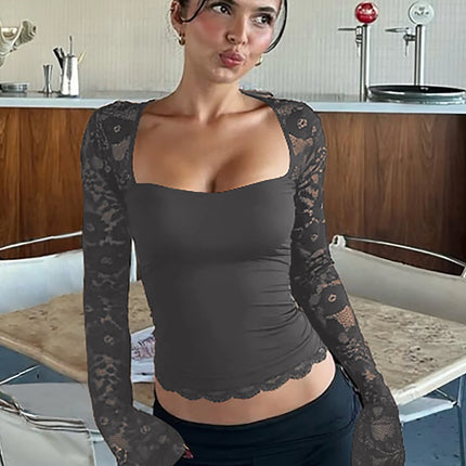 Hugcitar Women Fashion Square Collar Patchwork Lace Floral Print Long Sleeve Sexy Crop T-Shirt Sheer Summer Clothes Party Club