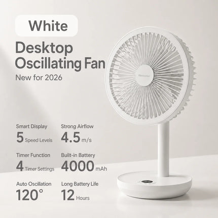 KINSCOTER Smart Oscillating Desk Fan 4000mAh USB Angle Adjustable Silent Rechargeable Fan 5 Wind Speeds for Home/Office/Gift