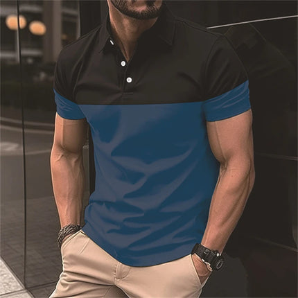 Fashion Two Tone Splicing Printed Men's Polo T Shirt Summer Lapel Short Sleeve Tops Business Casual Golf Wear Oversized T-shirts