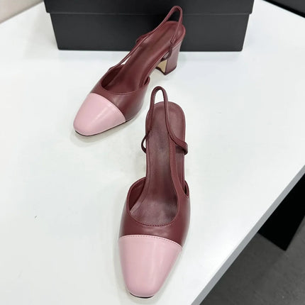 2026 Women's Leather & Denim Two-Tone Cap-Toe Slingback Pumps, Retro Office Evening Shoes YYT26041916