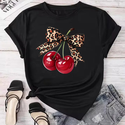Fashion Cherry Print Women T-Shirt Short Sleeve Crew Neck Casual Tops for Summer Spring Women's Clothing Tops Tees