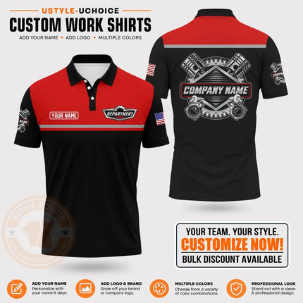 Custom Mechanic Work Pattern Polo Shirt Personalized Name Logo Uniform With Piston Print For Men Women Casual Quick Drying Tees