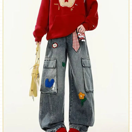 Embroidered Harajuku women's jeans American casual style retro straight leg high street wide leg pants Y2k loose jeans for womem
