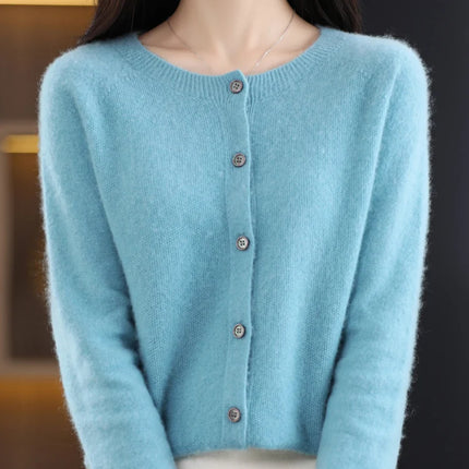 New Fashion Spring 100% Merino Wool Womens O-neck Cardigan Cashmere Sweater 2024 Female Clothing Grace Knitwear Korean Tops