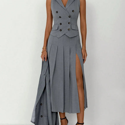 3pcs Women Elegant Work Casual Business Suit Set: Fitted Vest for Spring/Summer, Pleated Midi Skirt, Suitable for Office Lady