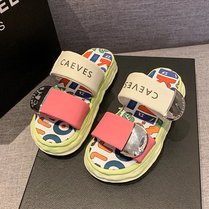 Summer New Platform Soled Ladies Shoes Cross Slippers Women's Wear Graffiti Beach Sandals Metal Buckle Woman Slippers