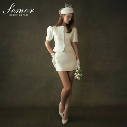 Semor Customized Elegant Short Puff Sleeves Mini Wedding Dress 2026 Stain Party for Bride свадебное платье Vestido De Novia
