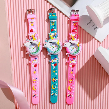 New 3D Cartoon Unicorn Children Watches For Girls Cute Pink Blue Kids Boys Watch School Student Gifts Quartz Clock