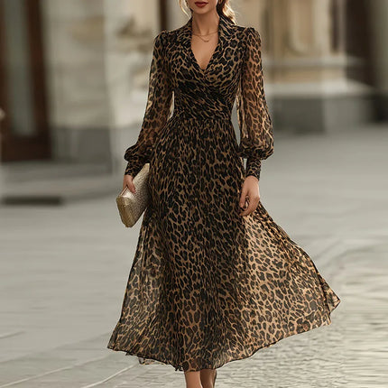 Ladies V-neck Lantern Sleeve Party Dress 2026 Casual Streetwear Swing Long Dress Retro Leopard Print High Waist Commuting Dress