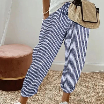 European and American Cross border Women's Summer New Fashionable Loose Stripe Printed Elastic Waist Drawstring Casual Pants