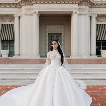 Customized Palace Retro Style Satin Wedding Dress with High Neck Long Sleeve Lace Skirt and Large Skirt Vestido De Novia
