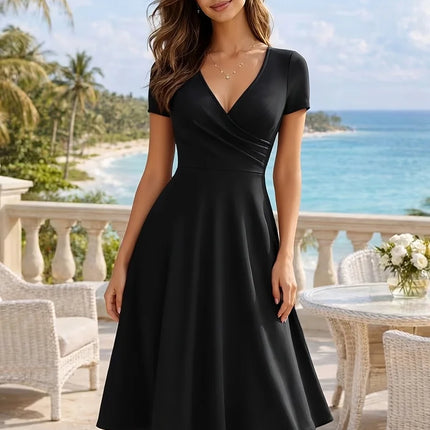 Women's Elegant Round Neck Summer Short Sleeve Solid A-Line Knee-length Dress High Waist Swagger Party Wedding Casual Departure