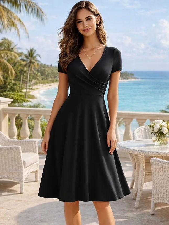 Women's Elegant Round Neck Summer Short Sleeve Solid A-Line Knee-length Dress High Waist Swagger Party - product image 7