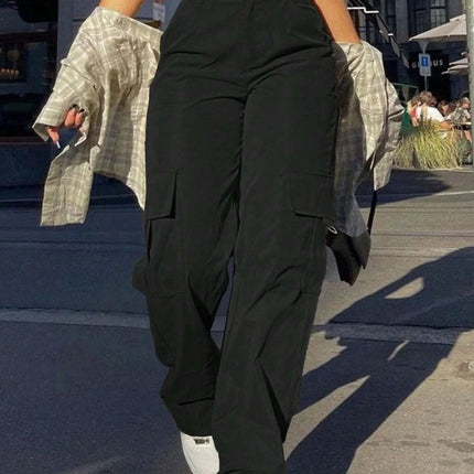 Women's Plain High Waist Cargo Pants, Street Fashion Casual Pocket Button Trousers for Daily Wear, Ladies Bottoms for All Season