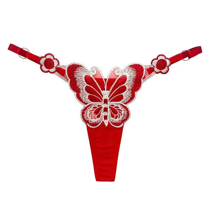 European Style Exquisite Butterfly Embroidered Thong Girl's Sweet Flower Perspective Lingerie for Women's Sexy Adjustable Briefs