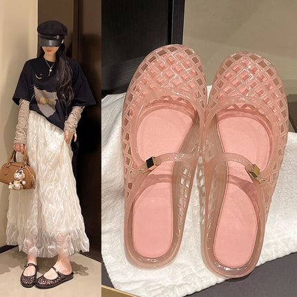 Women's Light Luxury Crystal Jelly Mary Jane Flat Sandals Hollow-out Breathable Closed Toe Summer Casual Non-slip Slip-on Shoes