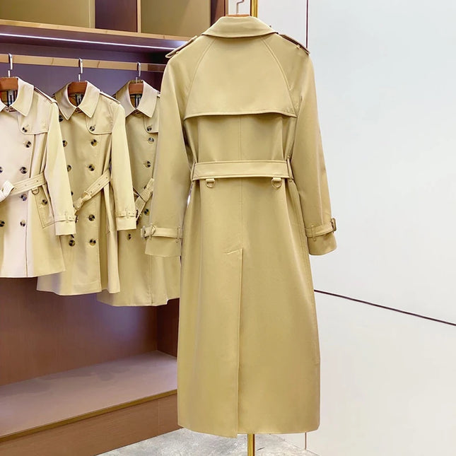 Hochwertiger khakifarbener, doppelreihiger Baumwoll-Trenchcoat für Damen, britische Mode, maßgeschneiderter, regenabweisender langer Damen-Trenchcoat, Windjacke