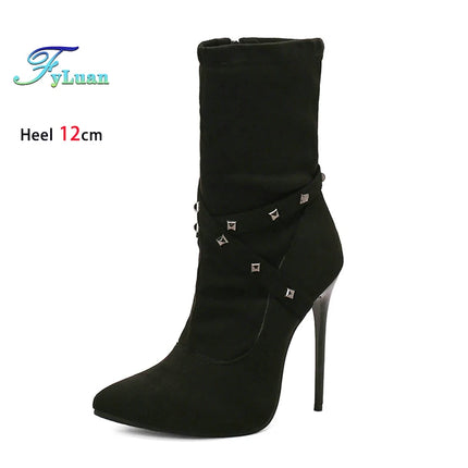12CM Ultra High Heel Pointed Toe Stiletto Boots Women Ankle Boots Fashion Rivet Band T Show Short Booties Winter Female Shoes