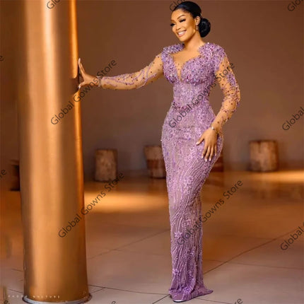 Purple Bead Aso Ebi Evening Dresses Appliques Full Sleeve Birthday Dress Women 2026 Special Occasion Gown Customized