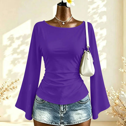 Boat Neck Flare Long Sleeve Side Ruched Fitted Casual Blouse Slim Fit Basic Top