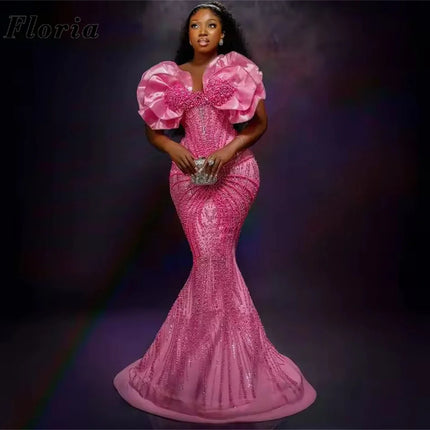 African Aso Ebi Pink Mermaid Prom Dresses  Pearls Evening Dress Black Girls Wedding Party Gowns Vestidos De Cóctel Customized