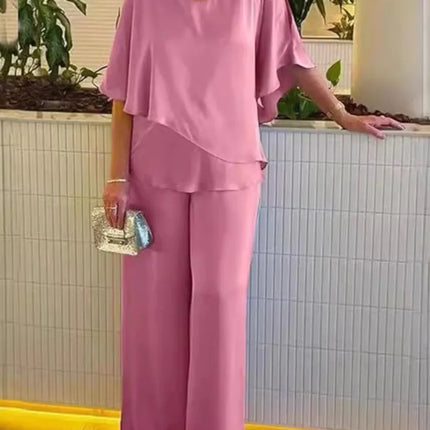 Summer New Solid Color Round Neck Short Sleeve Women Suit Casual Loose Irregular  Top Elegant Female Jumpsuits Office 2piece Set
