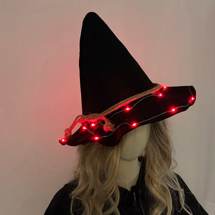 LED Light Up Witch Hat Black Pointed Wizard Hat with Rope Glowing Party Hats Halloween Cosplay Costume Accessory for Women