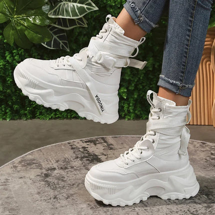 White Chunky Platform Motorcycle Boots Women Buckle Lace Up Thick Bottom Ankle Boots Woman 2024 Autumn Fashion Vulcanized Shoes