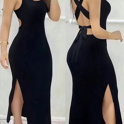 Women's Summer Solid Color Backless Cross-Strap Sexy Dress
