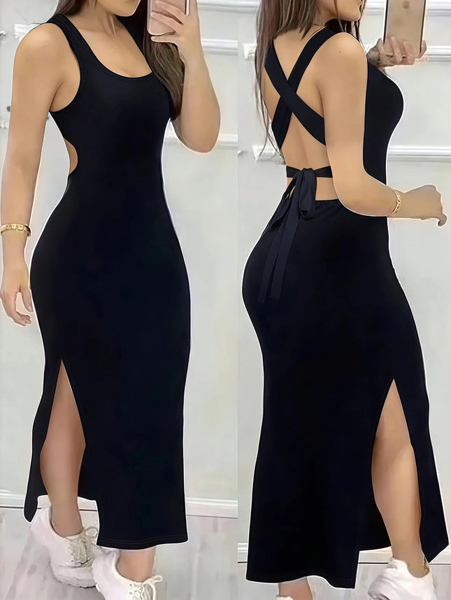 Women's Summer Solid Color Backless Cross-Strap Sexy Dress