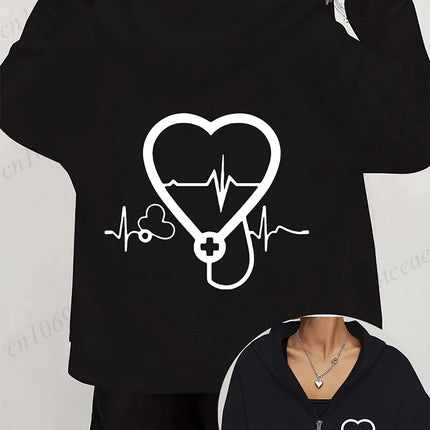 Women's Autumn Winter Hoodies Stethoscope EKG printed zipper Hooded Jackets Nursing Zipper Pocket Sweatshirt Nurse Life Outwear