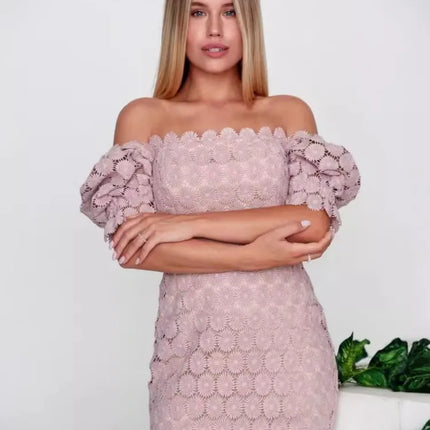 Women's Hollow Out Flower Lace Patchwork Slim Midi Dresses Temperament Solid Color Package Hip Dress Lady Commuting Vestidos