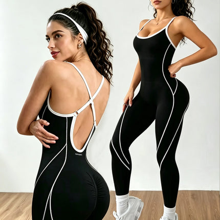 Women Contrast Piping Yoga Jumpsuit Thin Strap Open Back One Piece Workout Bodysuit High Elastic Slim Fitness Gym Sports Rompers