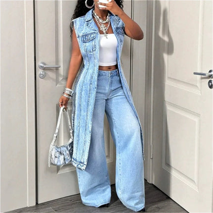 Long Dress Women Denim Dresses A Line Vestidos Y2k Streetwear Turn Down Collar Sleeveless Elegant Splice Party Night Work 2026
