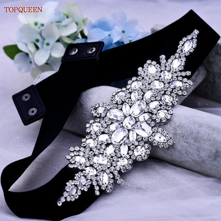 TOPQUEEN S01-E Fashion Floral Rhinestone Buckle Women's Elastic Waist Cinch Belt for Dress Formal Dress Belt Evening Party Band