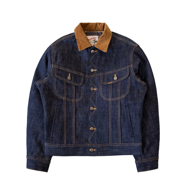 Red Tornado Corduroy-Kragen 18oz Selvedge Denim Trucker Jacke Amerikanischer Heritage-Stil Herren Jeans Oberbekleidung
