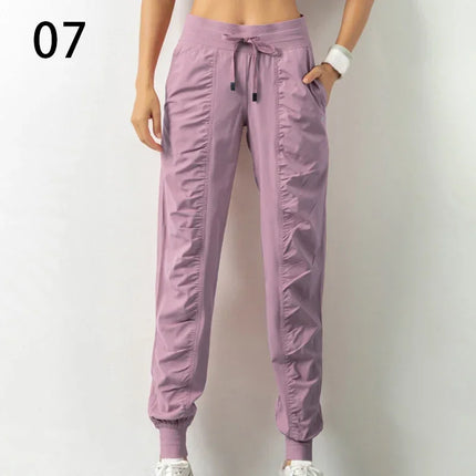 Sweatpants Fabric Drawstring Running Sport Joggers Women Quick Dry Athletic Gym Fitness with Two Side Pockets Exercise Pants